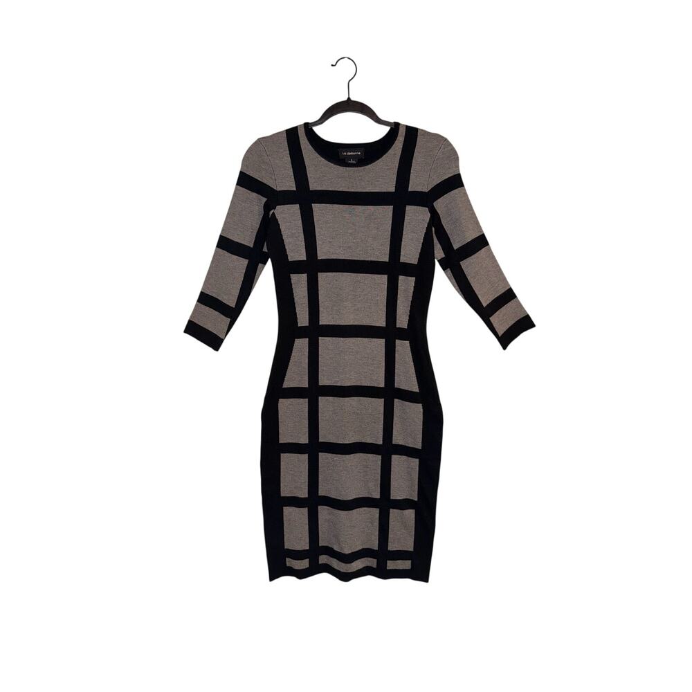 Liz Claiborne Women S Gray Black Windowpane Plaid Knit Sweater Dress